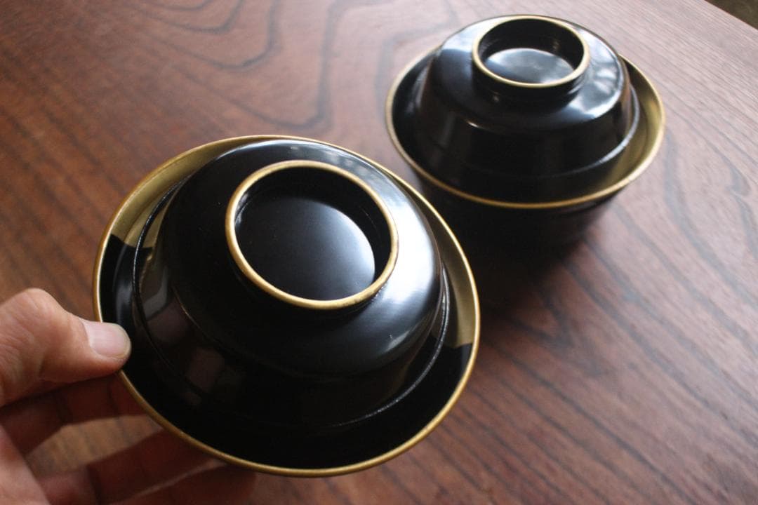 時代逸品！端正な金縁黒漆に極上竜田川蒔絵の映えるお椀2点（検京塗蒔絵椀