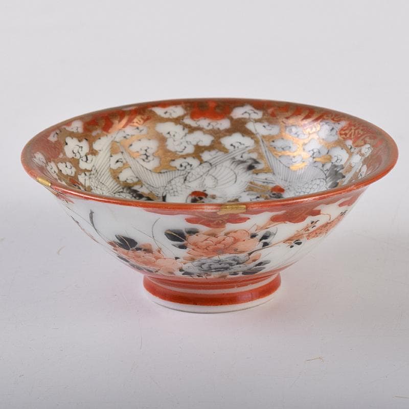 九谷焼　赤絵金彩　鶴雲文　盃　V　R8447