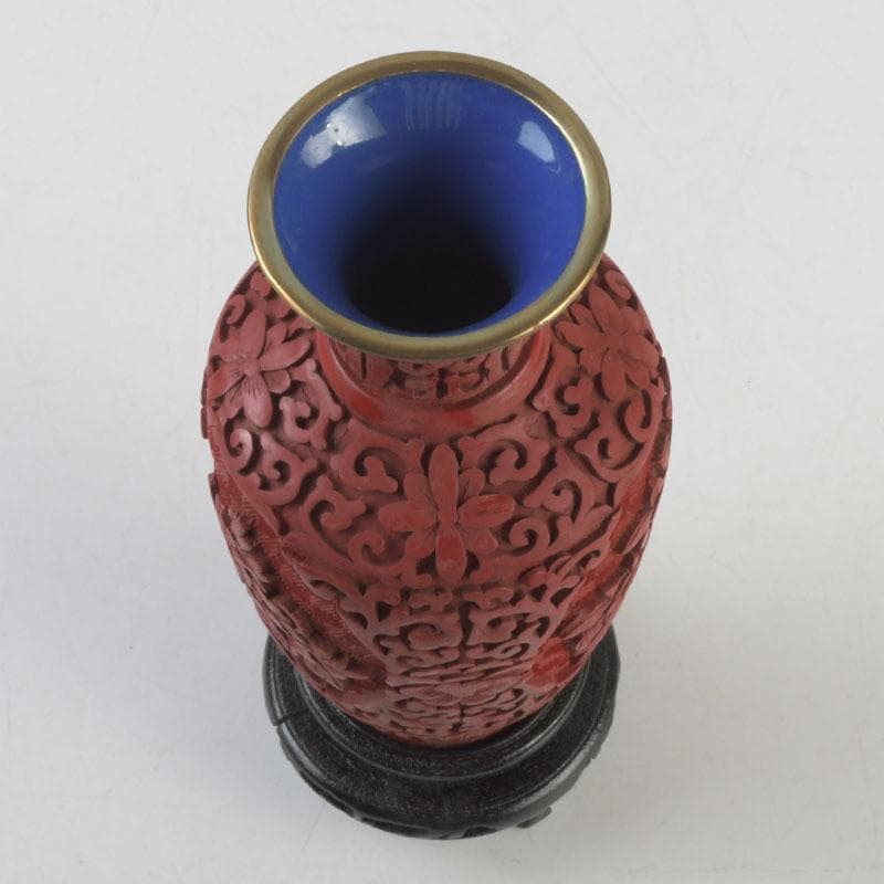 中国　剔紅　堆朱　内七宝　花文　花瓶　唐木台付　V　9255