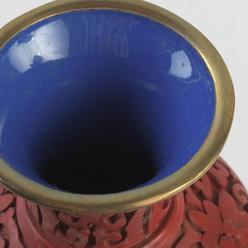 中国　剔紅　堆朱　内七宝　花文　花瓶　唐木台付　V　9255