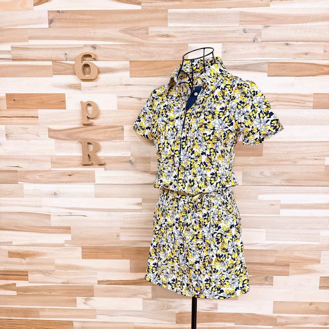 美品【キャロウェイ】花柄 半袖ポロシャツ ワンピース 総柄 ゴルフ S 黄×白