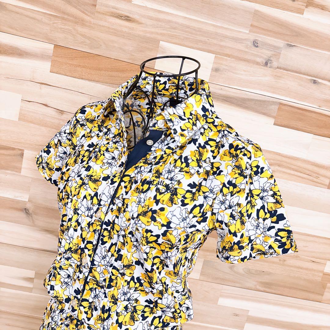 美品【キャロウェイ】花柄 半袖ポロシャツ ワンピース 総柄 ゴルフ S 黄×白