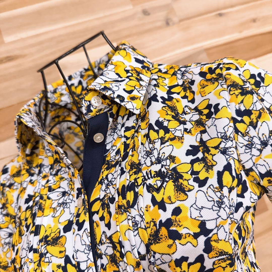 美品【キャロウェイ】花柄 半袖ポロシャツ ワンピース 総柄 ゴルフ S 黄×白