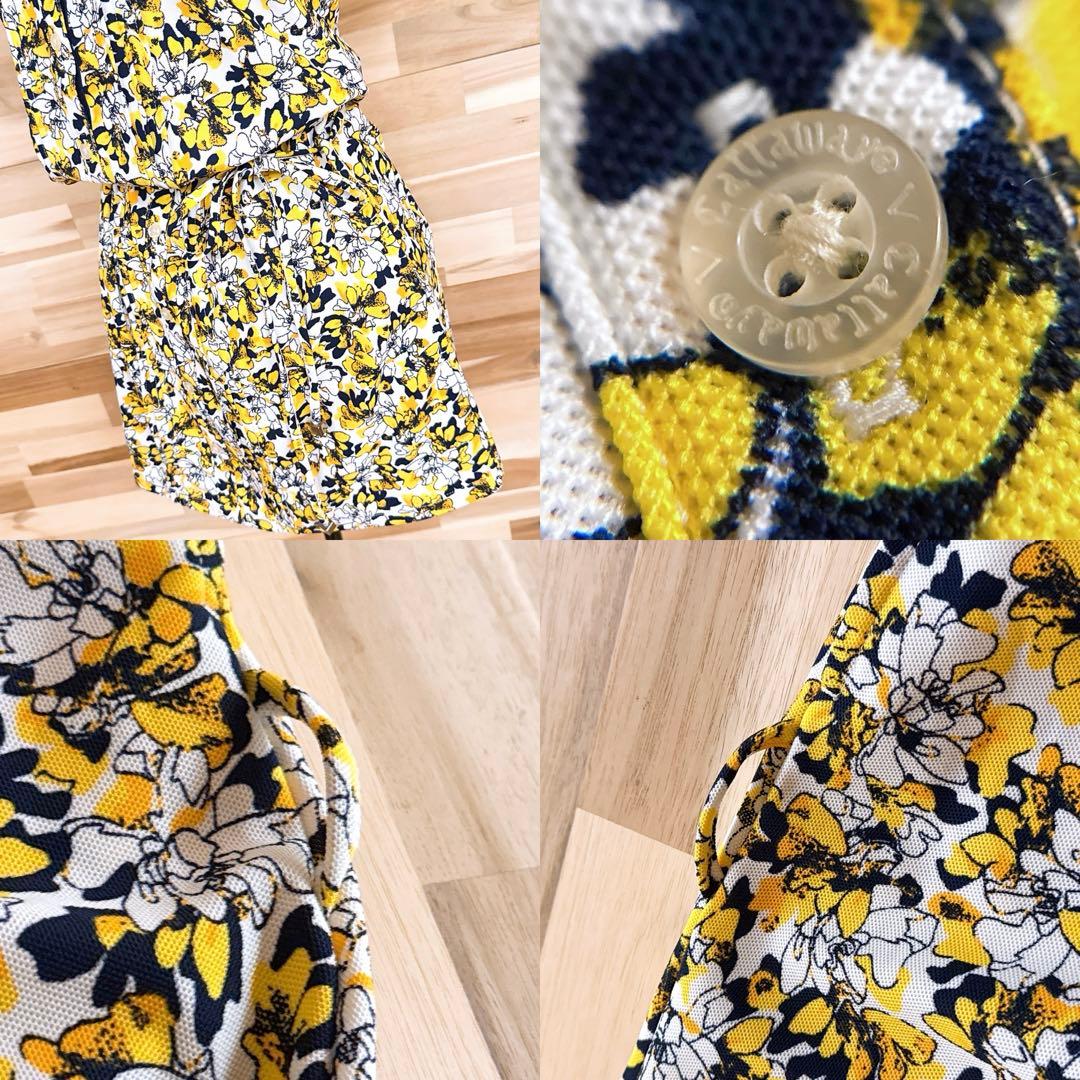 美品【キャロウェイ】花柄 半袖ポロシャツ ワンピース 総柄 ゴルフ S 黄×白