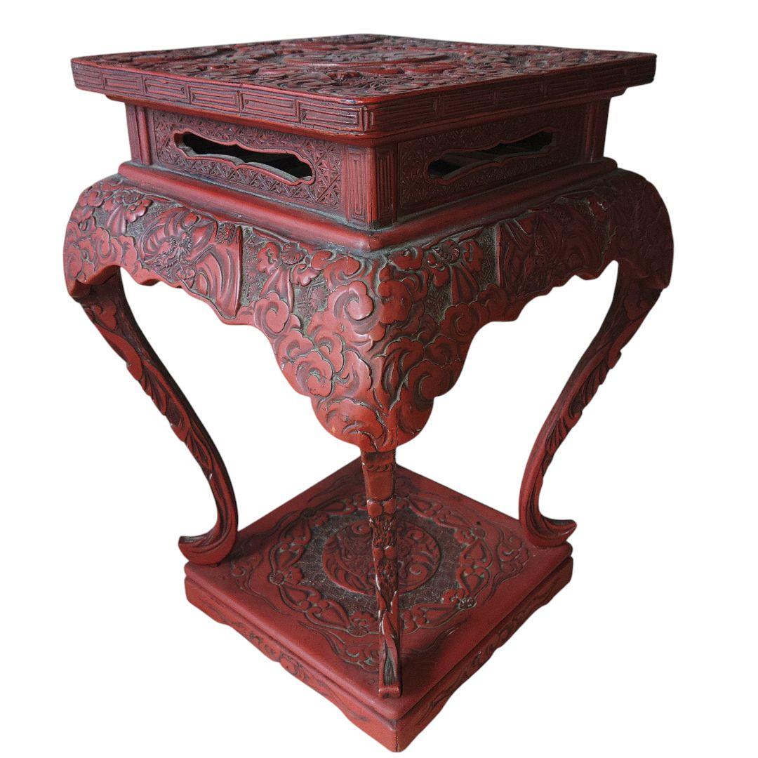 堆朱　草花文飾り台　古美術　伝統工芸　アンティーク