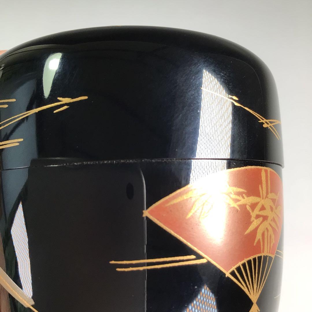 Ｐ８０６　棗　『荒井喜峰作』『黒漆塗』『扇面蒔絵』『利休棗』　共箱　茶道具