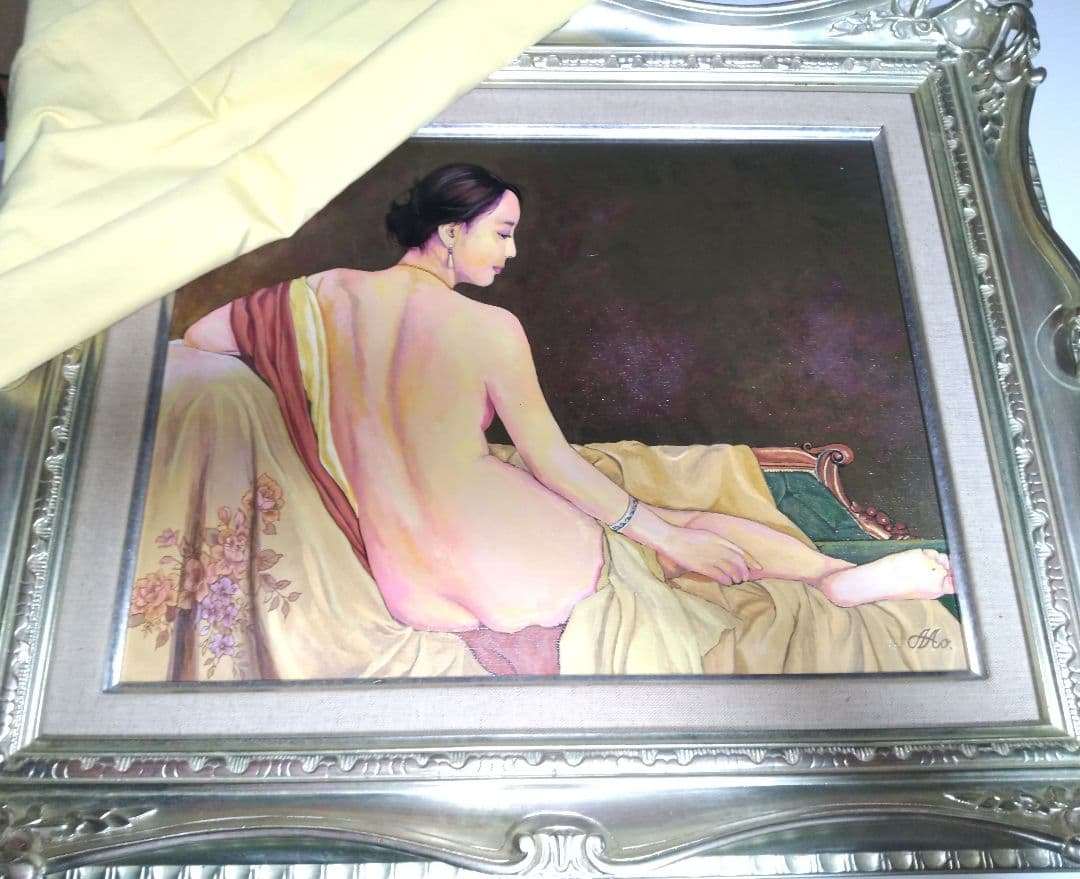 森本草介、絵画、美人画、油彩６号、裸婦、憩いの時、高級額縁、肉筆、高塚省吾。