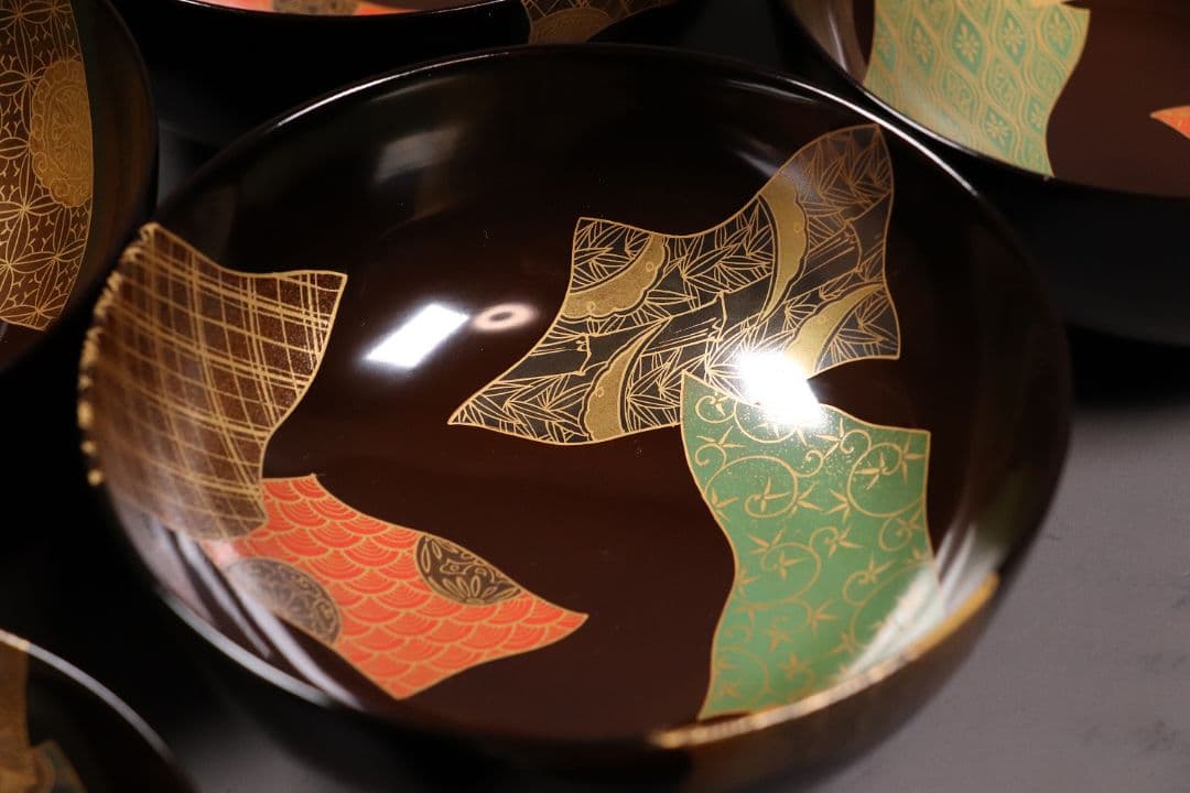 天然木漆塗 小紋伝統柄 蒔絵椀 五客 木箱入 黒塗 木製漆器 汁椀【CL65】