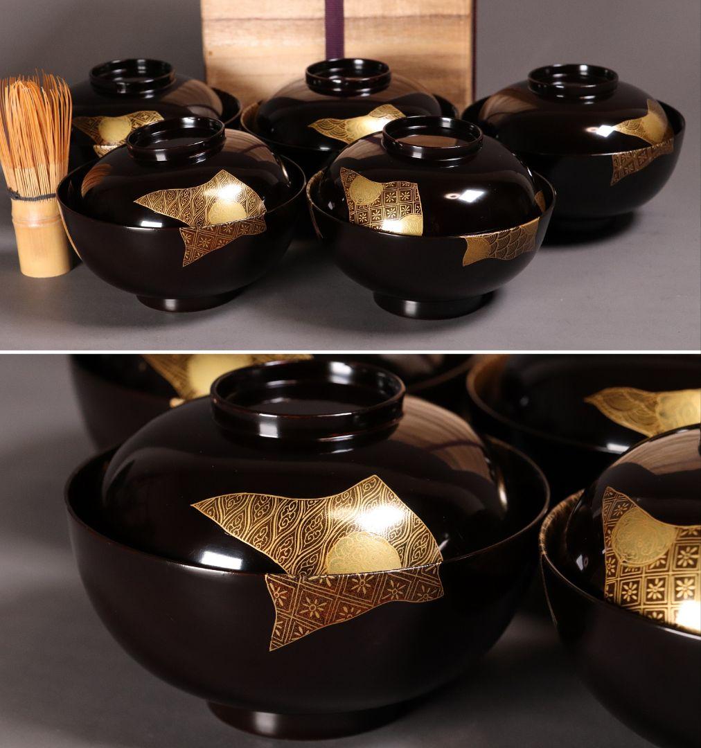 天然木漆塗 小紋伝統柄 蒔絵椀 五客 木箱入 黒塗 木製漆器 汁椀【CL65】