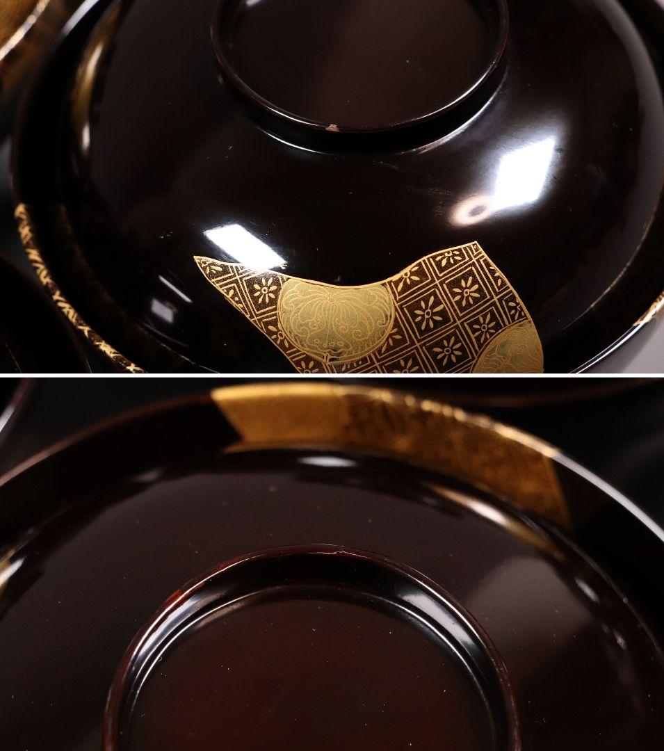 天然木漆塗 小紋伝統柄 蒔絵椀 五客 木箱入 黒塗 木製漆器 汁椀【CL65】