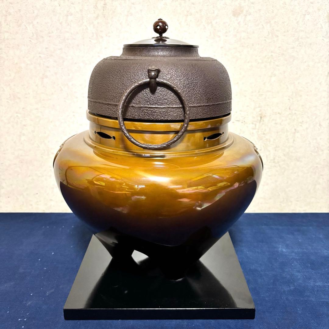 希少/角谷紗村/琉球風炉釜/唐銅風炉/茶釜/野々田電熱器/真塗敷板/底瓦/茶道具
