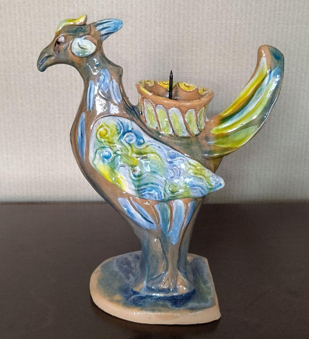 ペルシャ風　三彩　鳥型燭台　芳炎作　一念窯　陶器 キャンドルスタンド 日本