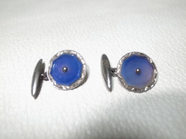 ◆大正時代！銀座 大勝堂 彫金 純銀製（銀玉/シルバー）と青紫ガラス 丸型カフス