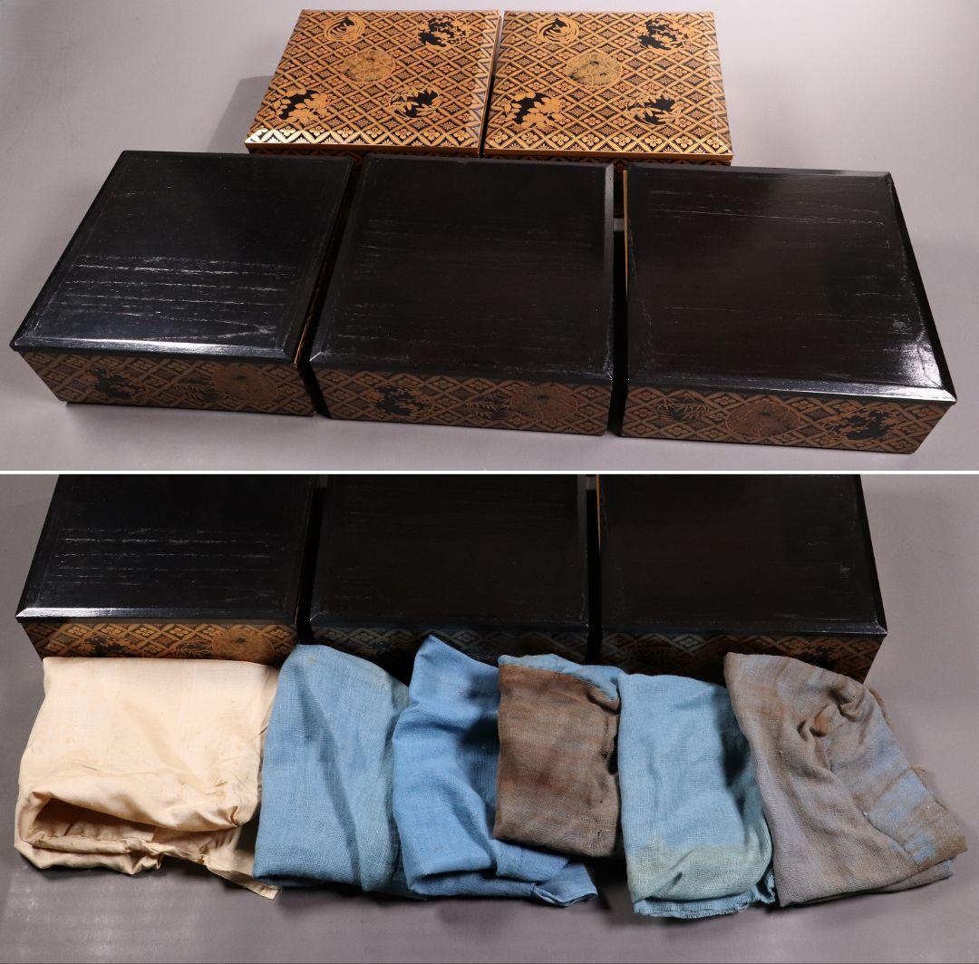 MA322 時代木製漆器 総蒔絵総梨地 花七宝 花の丸蒔絵 五段重 山水 二枚蓋