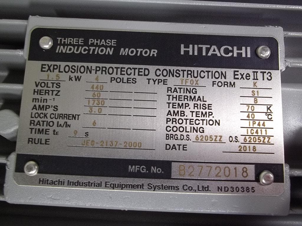 日立モートル 三相440V 60Hz防爆モーター TFOX-K 1.5KW 4P