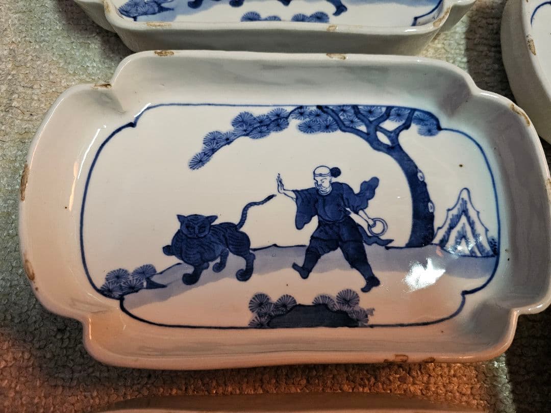 明治 古伊万里？ 京焼？ 古染付け写し 懐石用 虎に人 5客セット