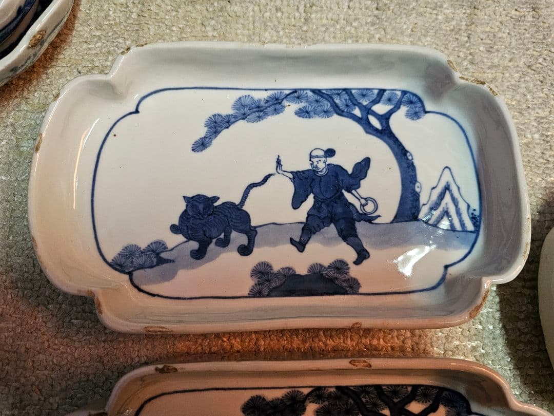 明治 古伊万里？ 京焼？ 古染付け写し 懐石用 虎に人 5客セット