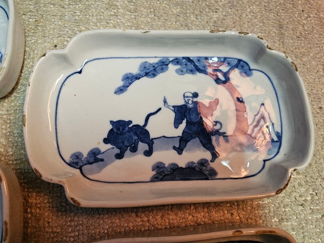 明治 古伊万里？ 京焼？ 古染付け写し 懐石用 虎に人 5客セット