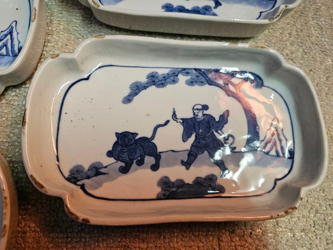 明治 古伊万里？ 京焼？ 古染付け写し 懐石用 虎に人 5客セット