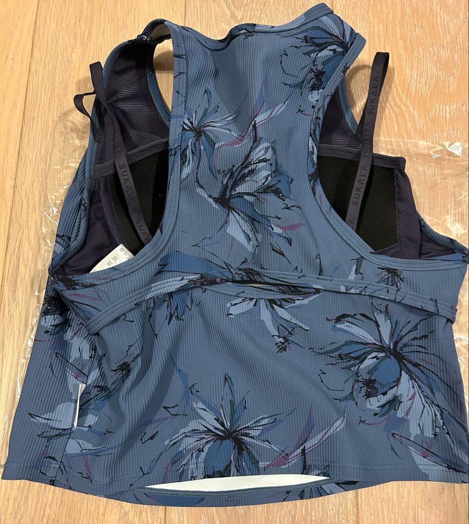 SUKALA リブBigフラワープリントショートタンクトップ　スモークブルー　L