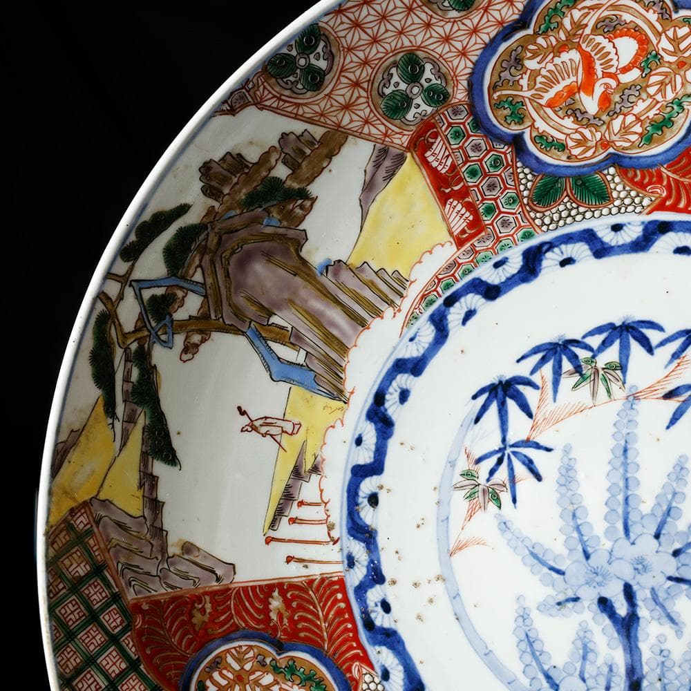 時代物 古伊万里 染錦手 見込に花 竹 松下賢人図 色絵 尺寸大皿 直径40㎝