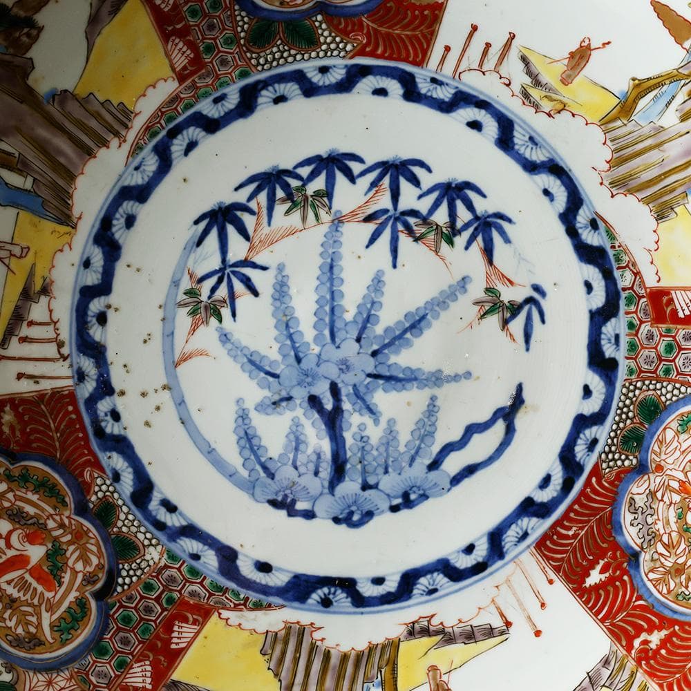 時代物 古伊万里 染錦手 見込に花 竹 松下賢人図 色絵 尺寸大皿 直径40㎝