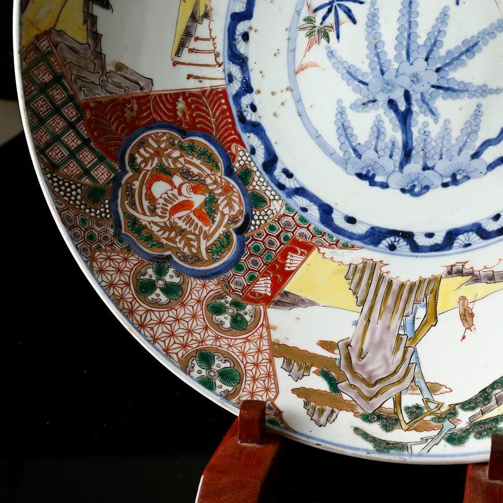 時代物 古伊万里 染錦手 見込に花 竹 松下賢人図 色絵 尺寸大皿 直径40㎝