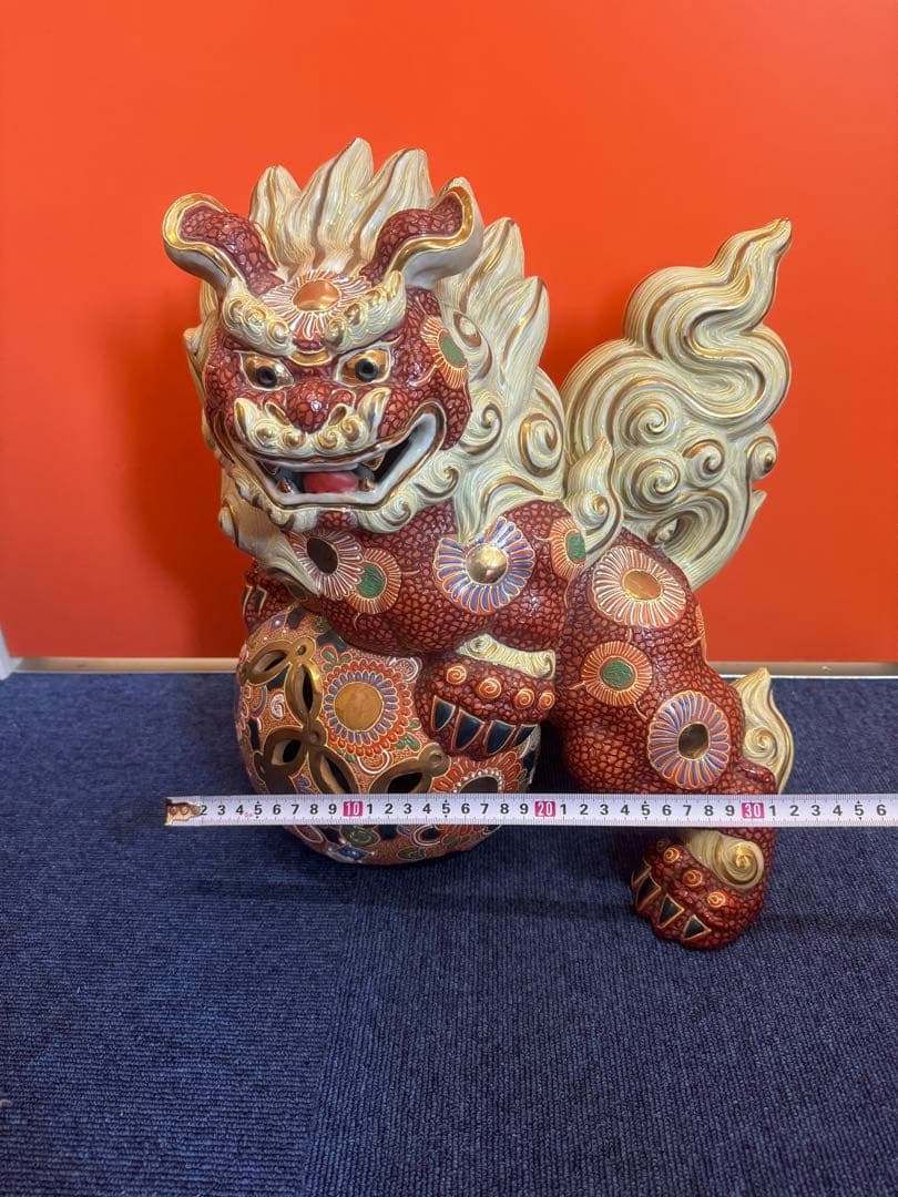 1903 九谷焼 太吉　特大　38cm  玉乗り獅子 狛犬 置物 縁起物