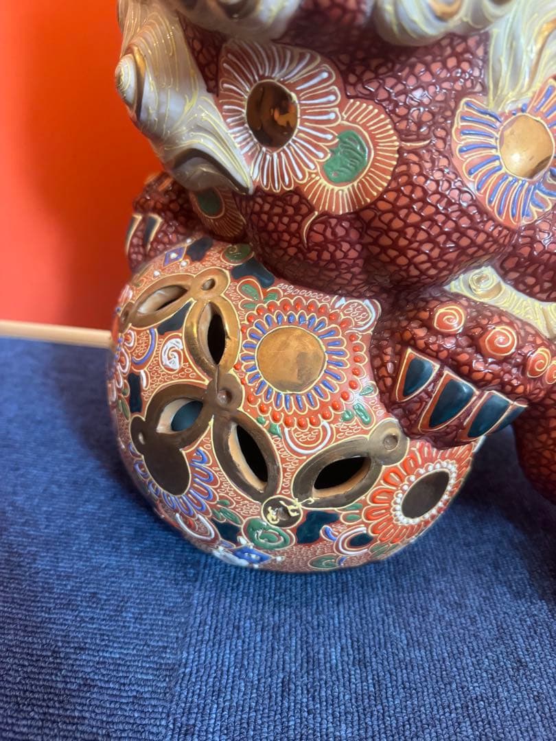 1903 九谷焼 太吉　特大　38cm  玉乗り獅子 狛犬 置物 縁起物