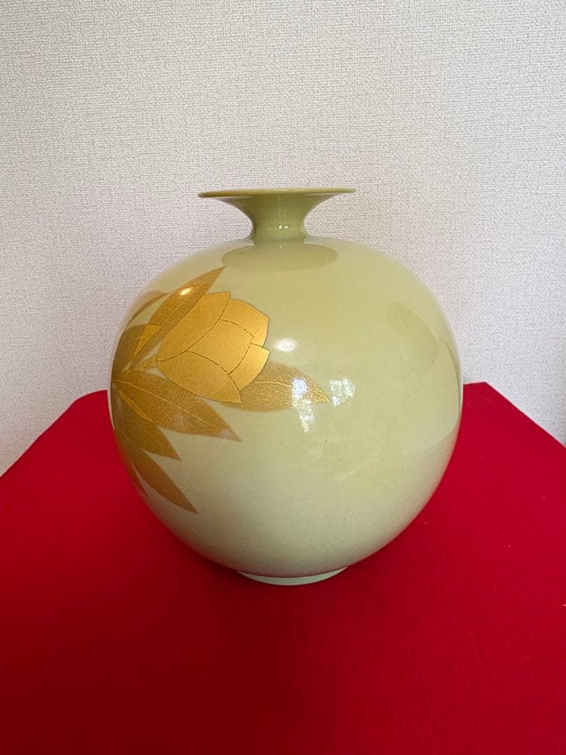 人間国宝 吉田美統『釉裏金彩 泰山木文 花瓶』Y35 共箱 共布 陶歴 立札付