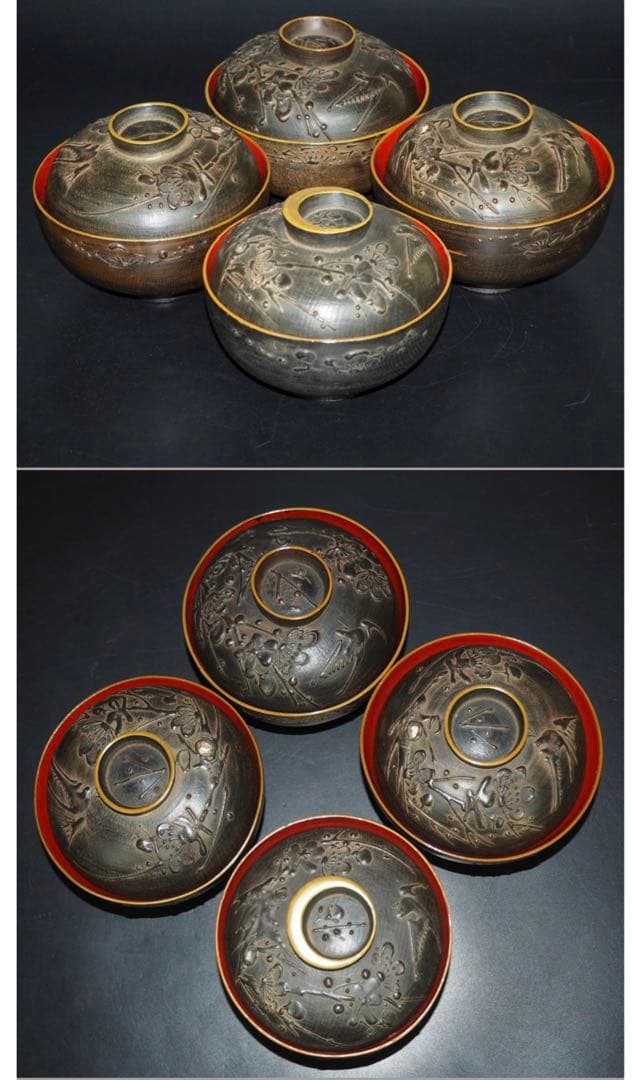 ユズコ送料無料　江戸幕末　鉄錆塗天然木椀4客　会津塗