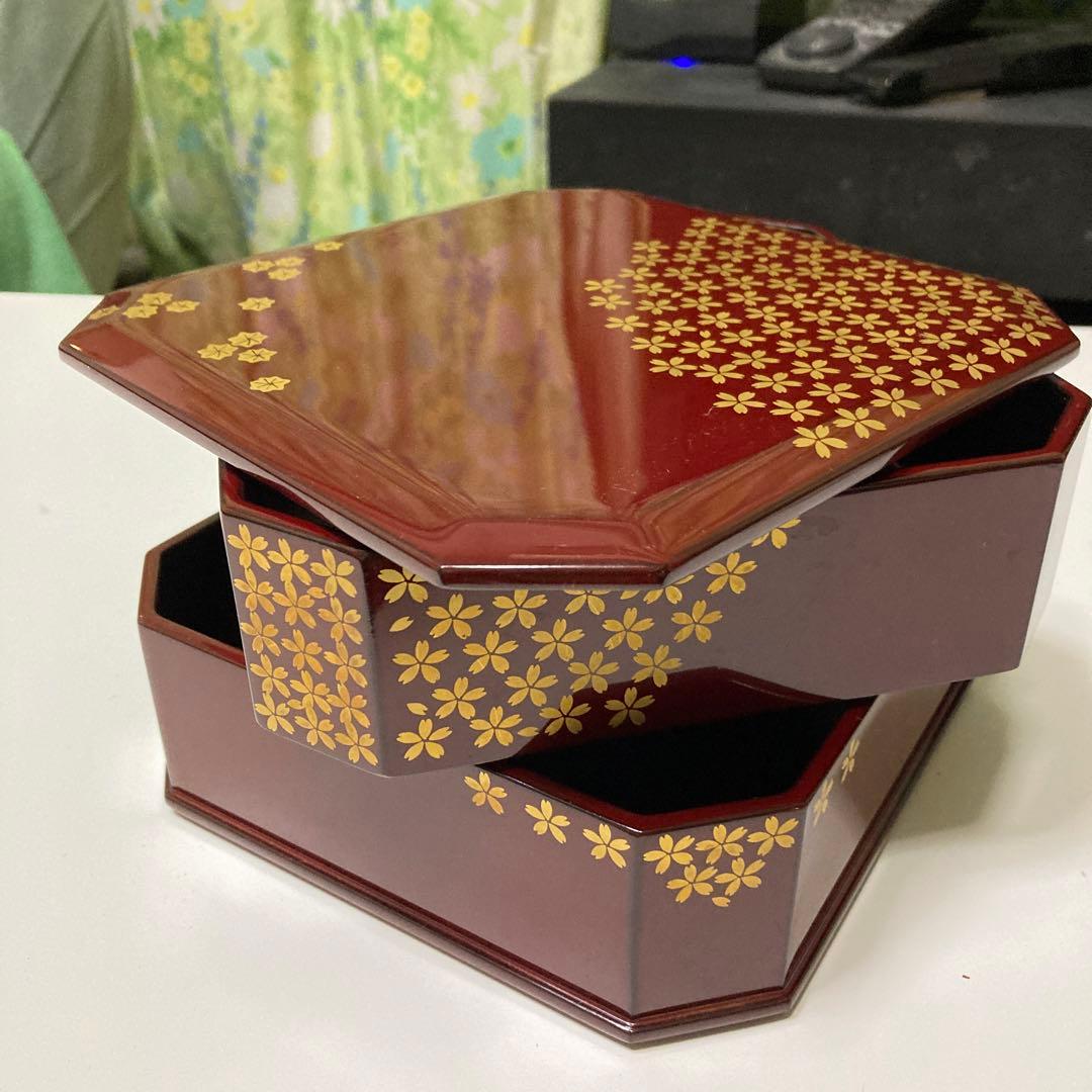 越前塗　桜　重箱　行楽弁当　朱色　二重　名品　昭和レトロ　漆器