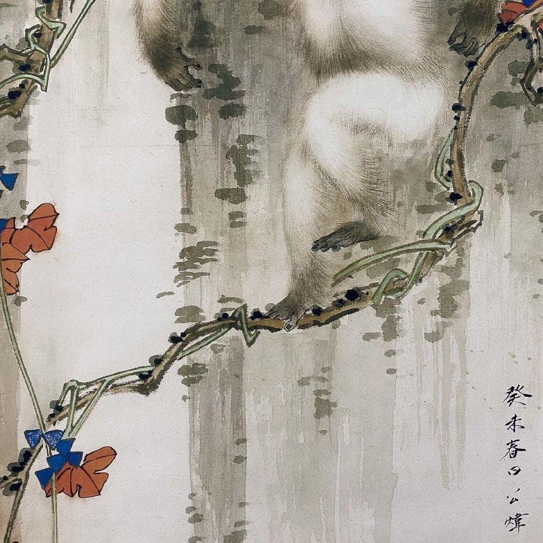 四尺中堂 中国花鳥画 田世光 紅葉白猿図 掛軸 証書付