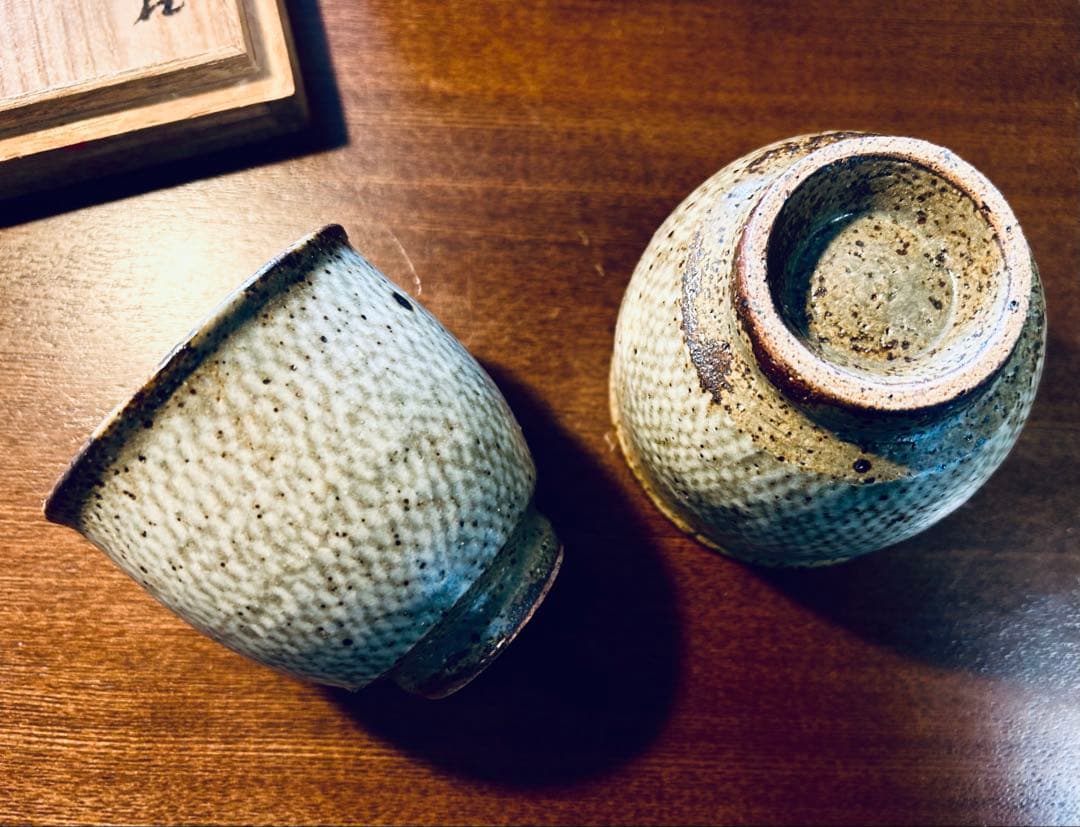 人間国宝　島岡達三　益子焼　象嵌夫婦湯呑み　共箱付き