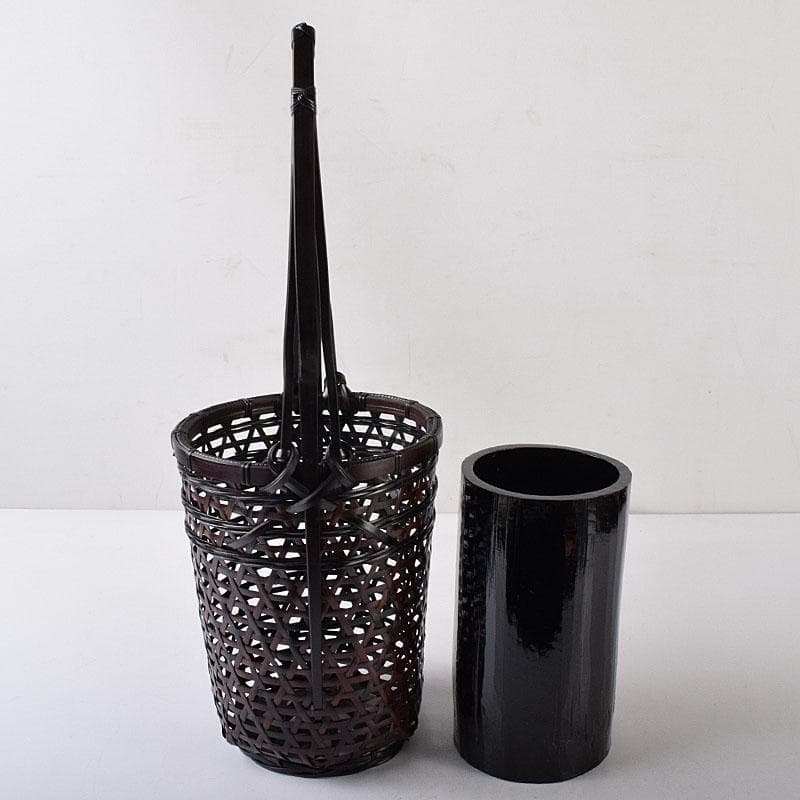 茶道具　伊藤賢一郎作　大和竹縄文花籠　共布共箱　V　R8712H