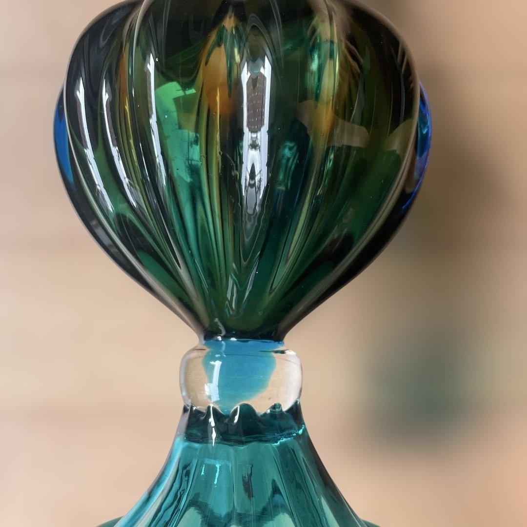 津軽びいどろ　装飾的な青緑色ガラスポット