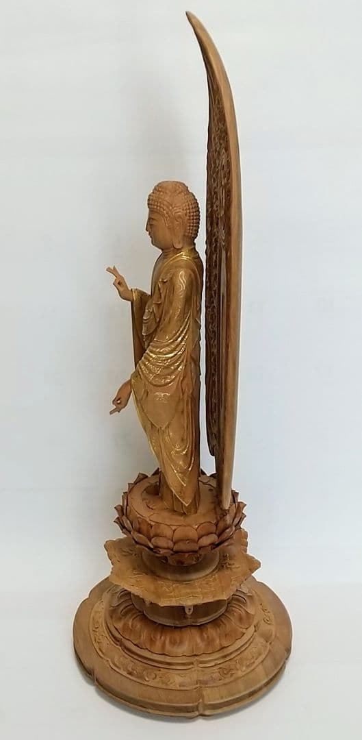 阿弥陀如来立像 6寸#451 舟型来迎雲文光背◆白檀 木彫 仏像