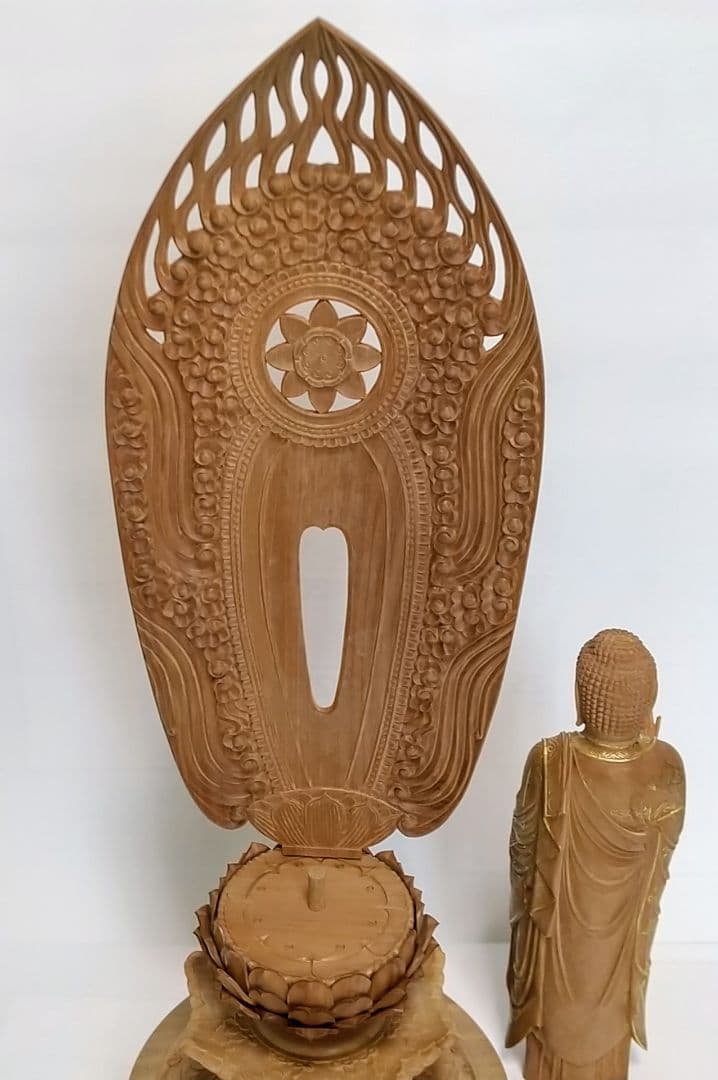 阿弥陀如来立像 6寸#451 舟型来迎雲文光背◆白檀 木彫 仏像