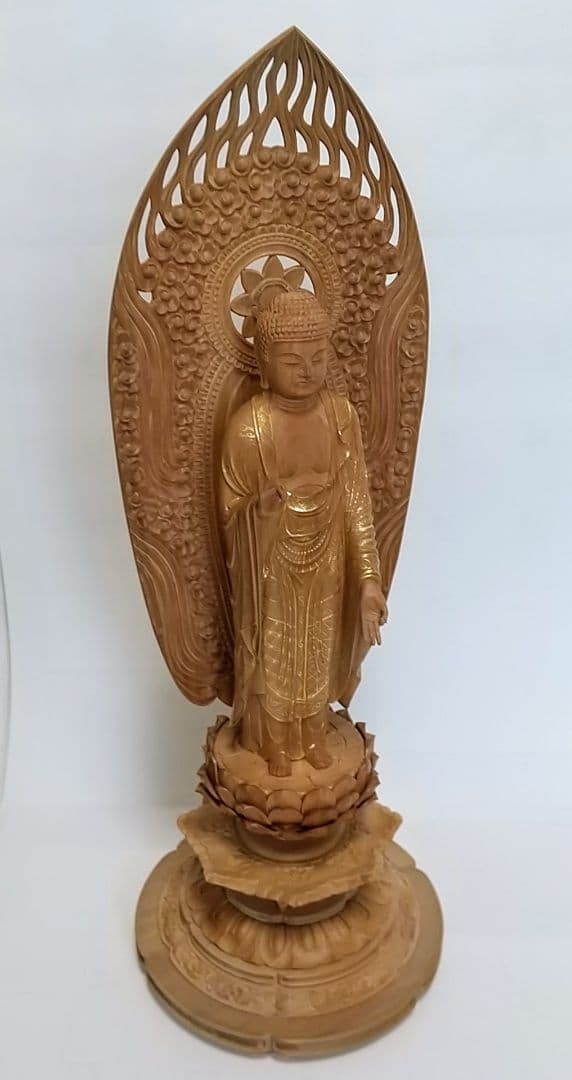 阿弥陀如来立像 6寸#451 舟型来迎雲文光背◆白檀 木彫 仏像