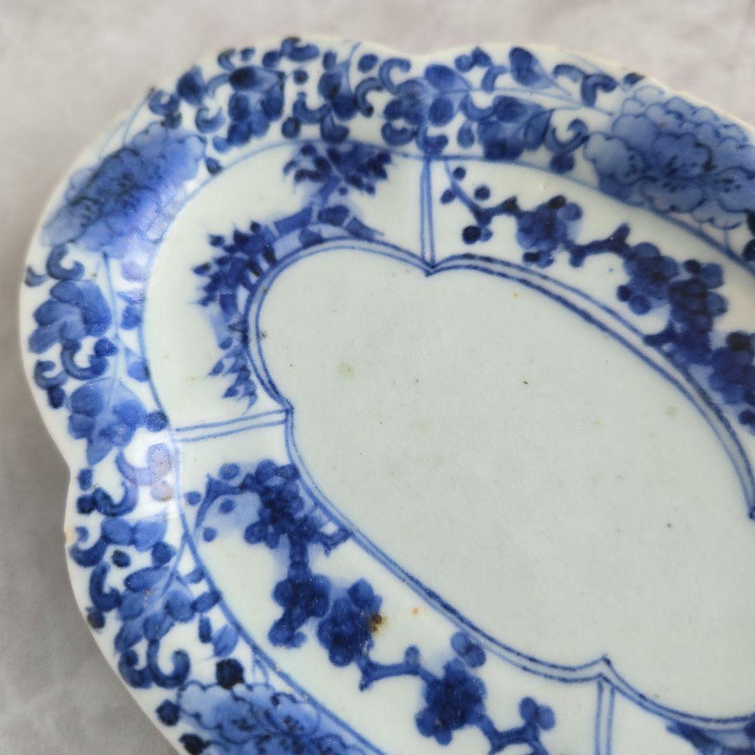 古伊万里　染付　花唐草　変形　小皿　江戸時代　金直し　金継ぎ　骨董　アンティーク