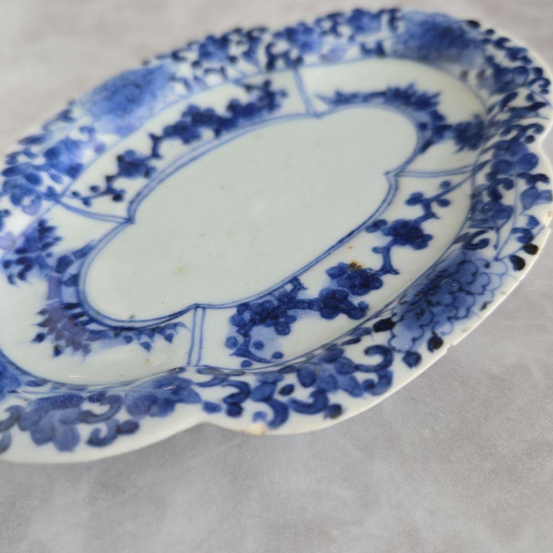 古伊万里　染付　花唐草　変形　小皿　江戸時代　金直し　金継ぎ　骨董　アンティーク