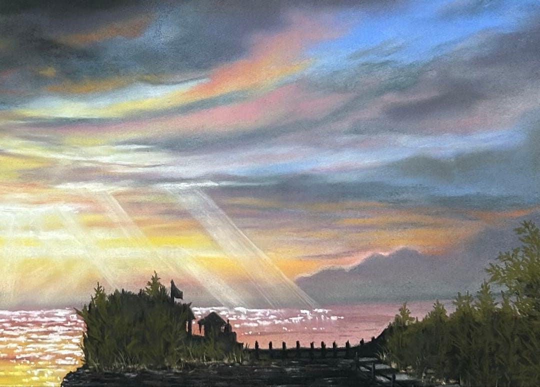 夕陽を眺める景色 パステル画 原画 54.0×39.5