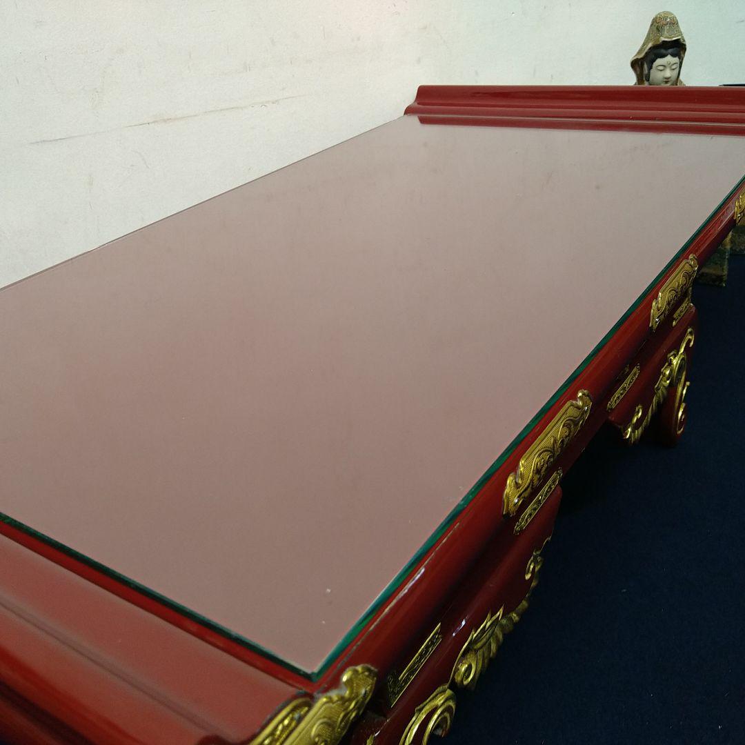 A729 経机 赤塗 朱塗 金箔鍍金 供物台 仏壇前机 木製 天板 ガラス付