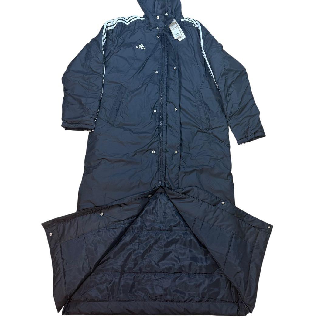 【新品タグ付】adidas ベンチコート XL 黒 中綿 ロング丈 3ストライプ