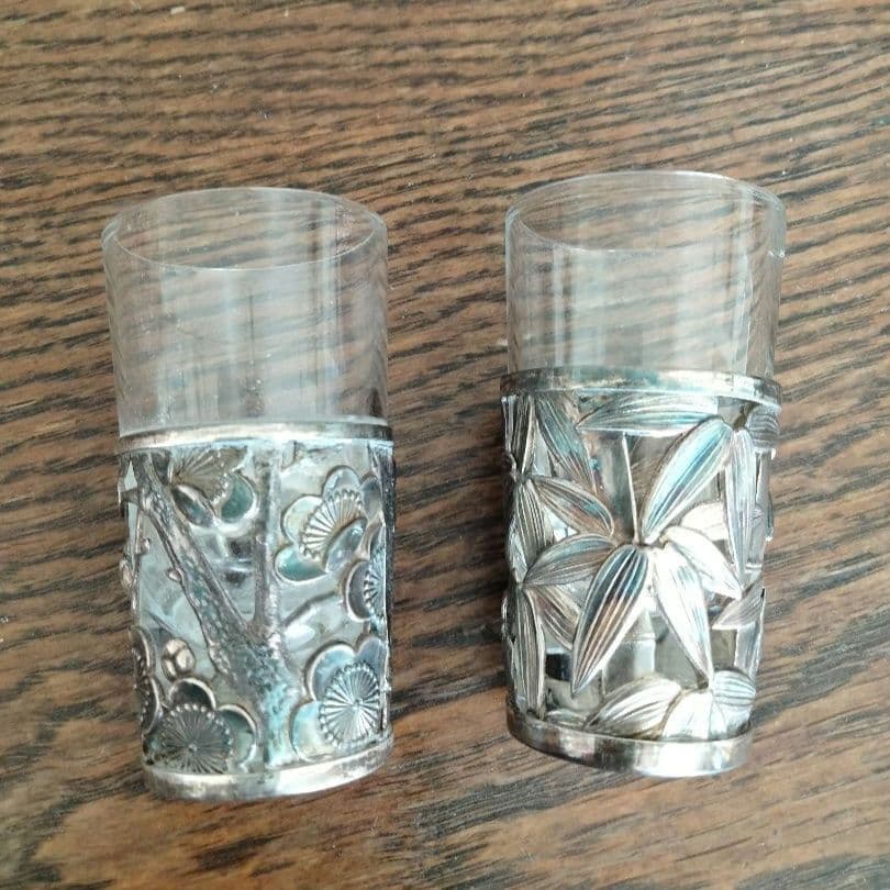 特別価格変更、匿名配送、和骨董、日本製、笹、梅、グラス二点セット