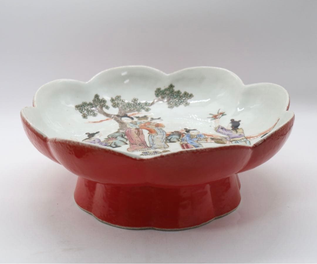 ※中国　大清康熙年製銘　美人紋高足花口皿　送料込み0814