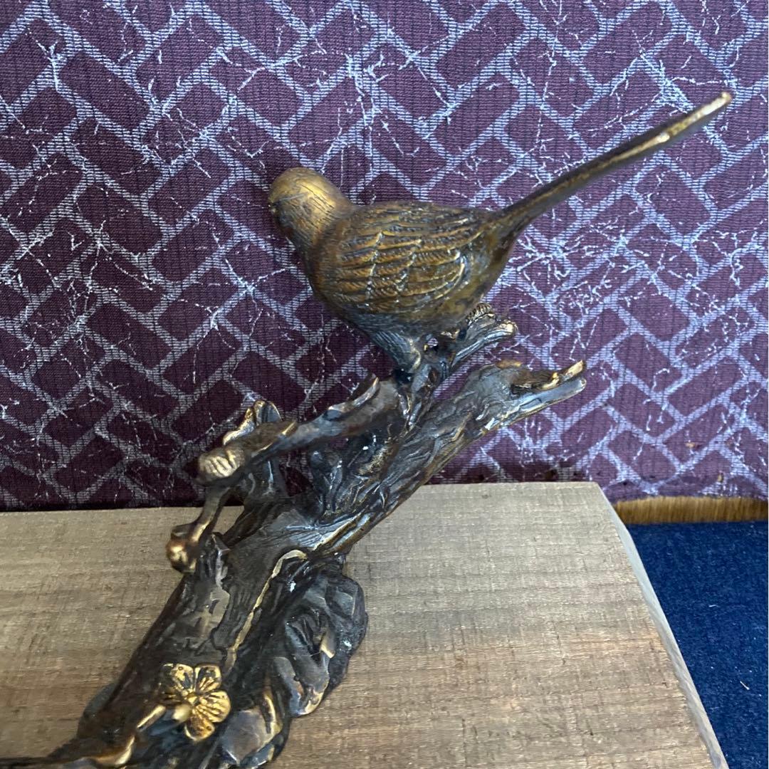 乾隆年製　銅製梅に鶯置物　木製台