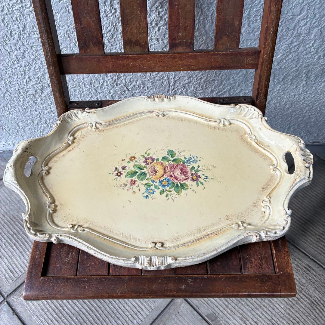 貴重！イタリア製アンティーク花柄トレイ　アールヌーボーITALYヴィンテージ雑貨