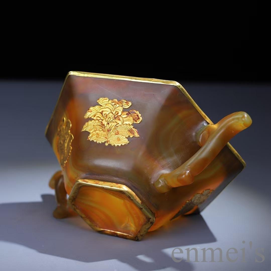 中国古美術 天然瑪瑙嵌 銅製菓子碗 供物器 描金 茶道具 古置物 古賞物 古擺件