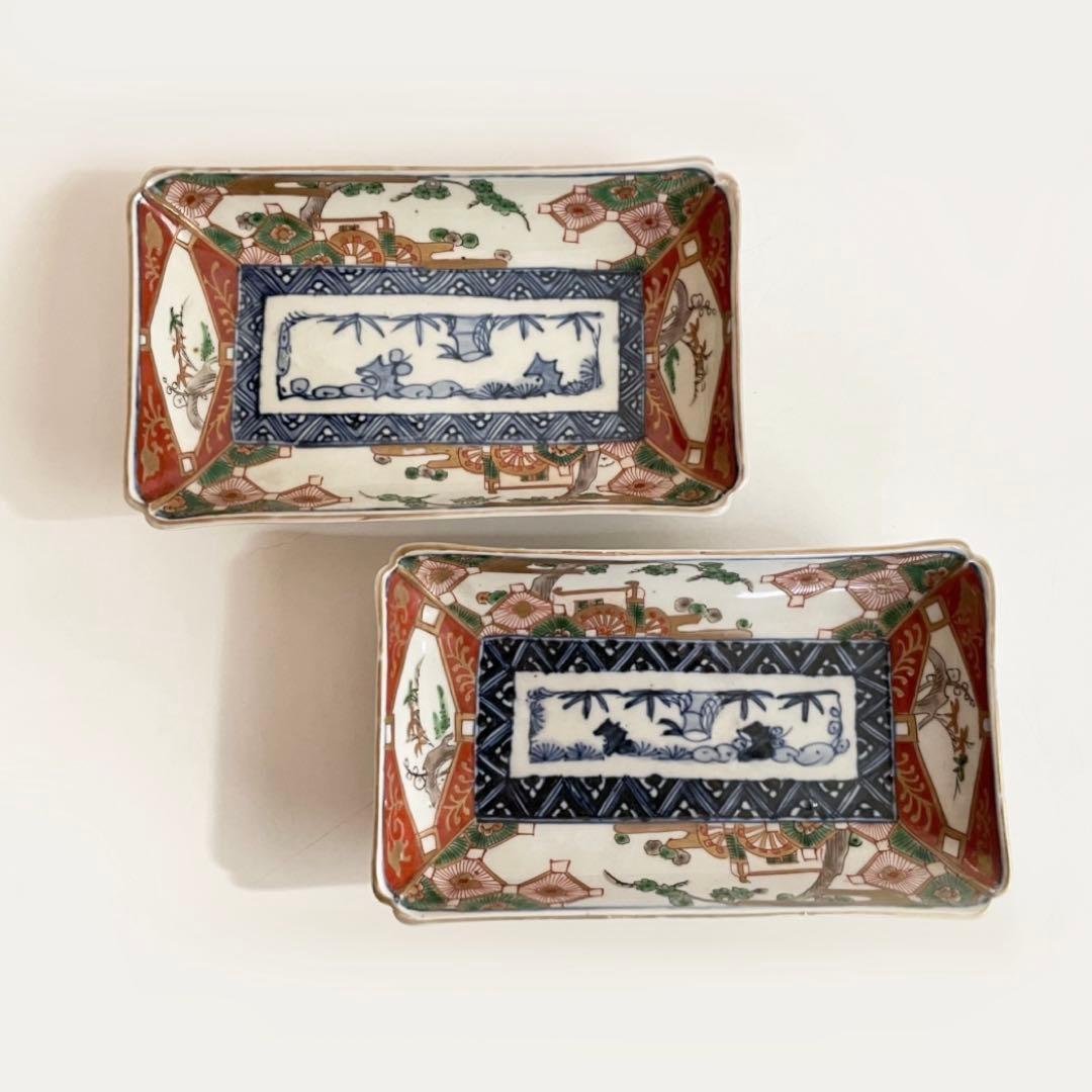 骨董　アンティーク　古伊万里　色絵　鮎皿　長方皿　2枚